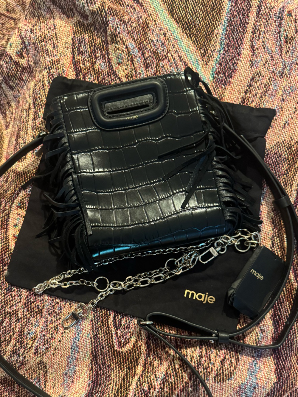 Maje Black Croc-Embossed Fringe Shoulder Bag with Chain Strap